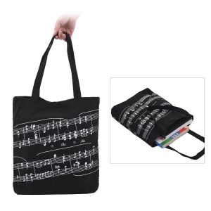 Others |  Washable Cotton Cloth Handbag Music Tote Shoulder Grocery Shopping Bag with Magnetic Button Musical Notation Pattern Musical Instruments Black