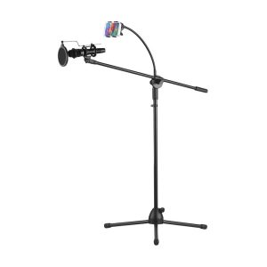 Pro Audio Equipment |  Metal Microphone Floor Stand Tripod Adjustable Height with Boom Arm 3 Mic Holders & 1 Smartphone Holder Musical Instruments Pro Audio Equipment