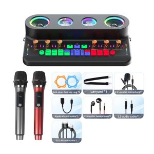 Pro Audio Equipment |  S20 Sound Card & Audio Podcast Equipment Portable Karaoke Machine with 2 Microphones Musical Instruments Black/ White